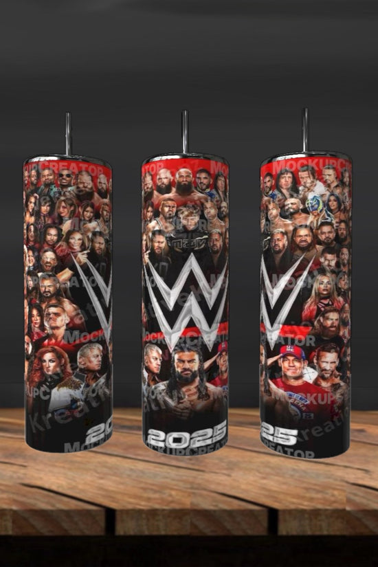 Three cylindrical tumblers with wrestling-themed designs on a wooden surface.