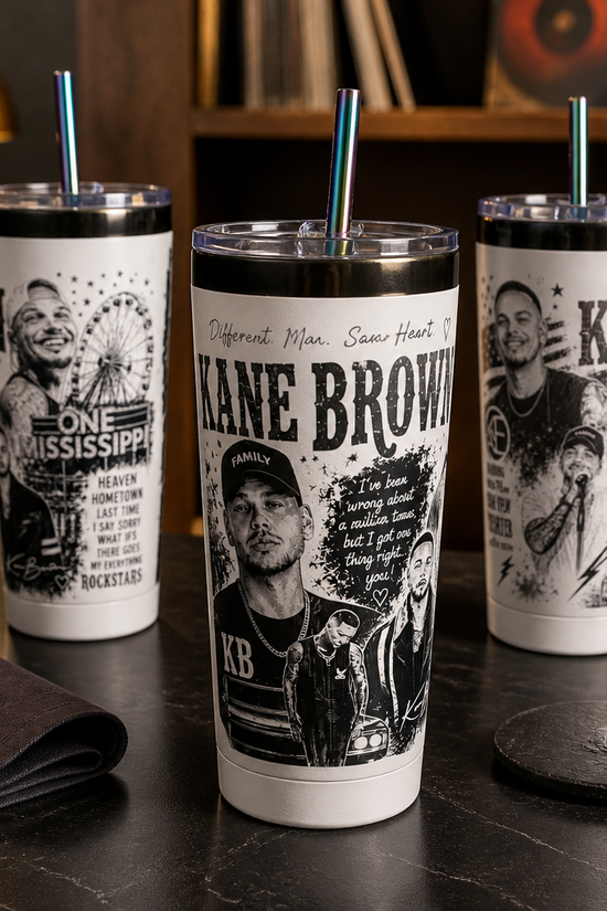 Country music inspired laser engraved oil slick stainless steel tumbler with western collage artwork.