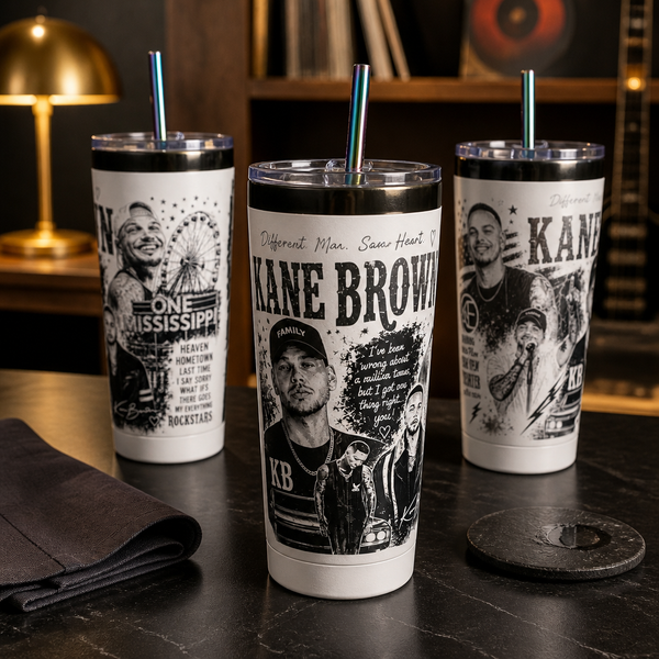 Country music inspired laser engraved oil slick stainless steel tumbler with western collage artwork.