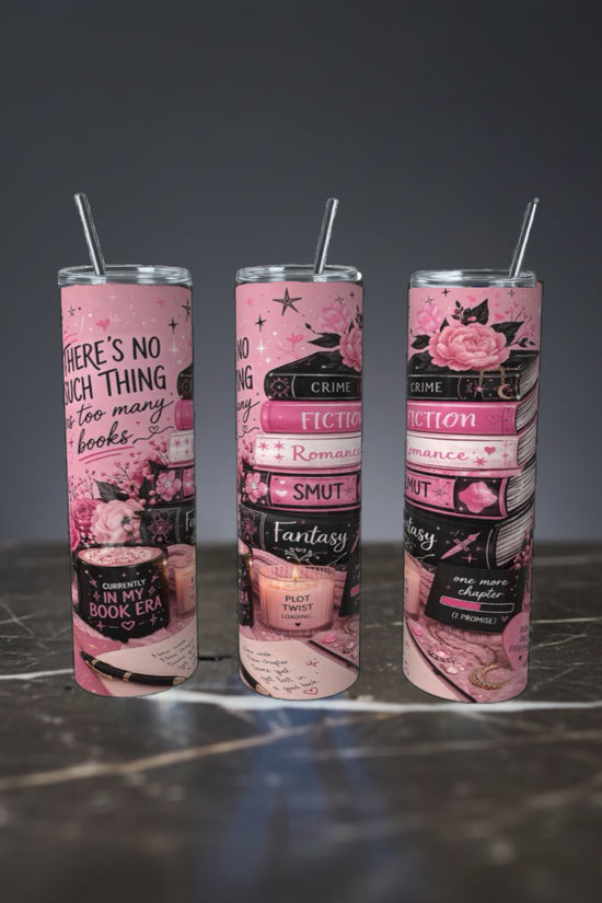 Pink Book Lover 20oz Skinny Tumbler with stacked books, flowers, coffee and reading aesthetic