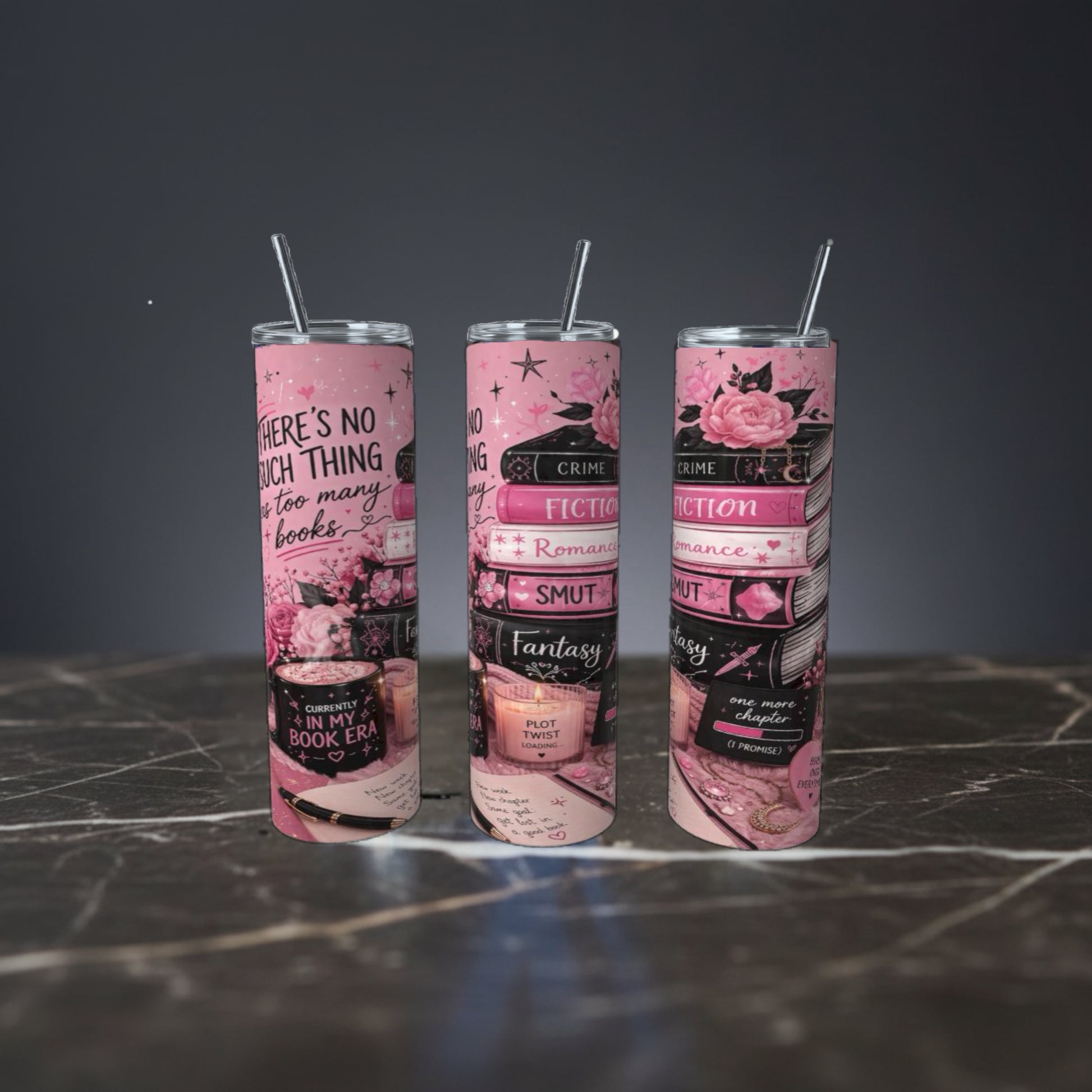 Pink Book Lover 20oz Skinny Tumbler with stacked books, flowers, coffee and reading aesthetic