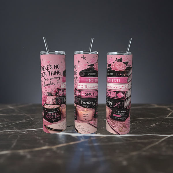 Pink Book Lover 20oz Skinny Tumbler with stacked books, flowers, coffee and reading aesthetic
