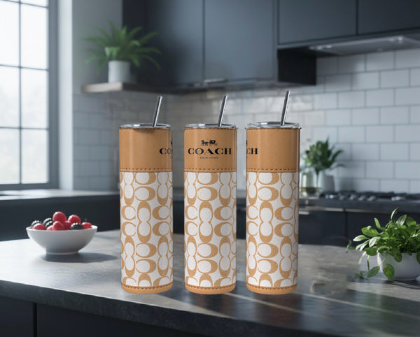 Luxury Designer Style Caramel & White 20oz Skinny Tumbler | Premium Stainless Steel Travel Cup