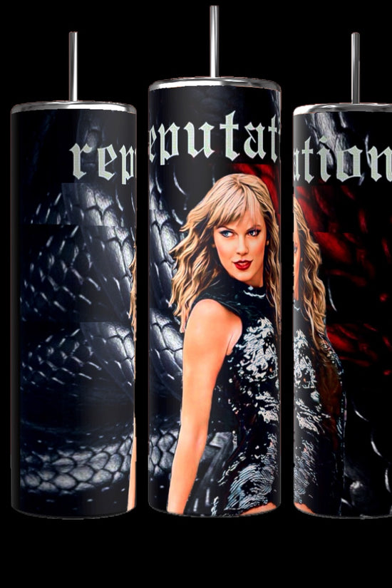 A woman with wavy blond hair is wearing a black, shiny dress and posing confidently in front of a dark, textured background that resembles snake scales. Displayed boldly above her in gothic-style font is the word "reputation," embodying the REP SVG | Template | Tumbler wrap aesthetic by Kreative Kreationz.