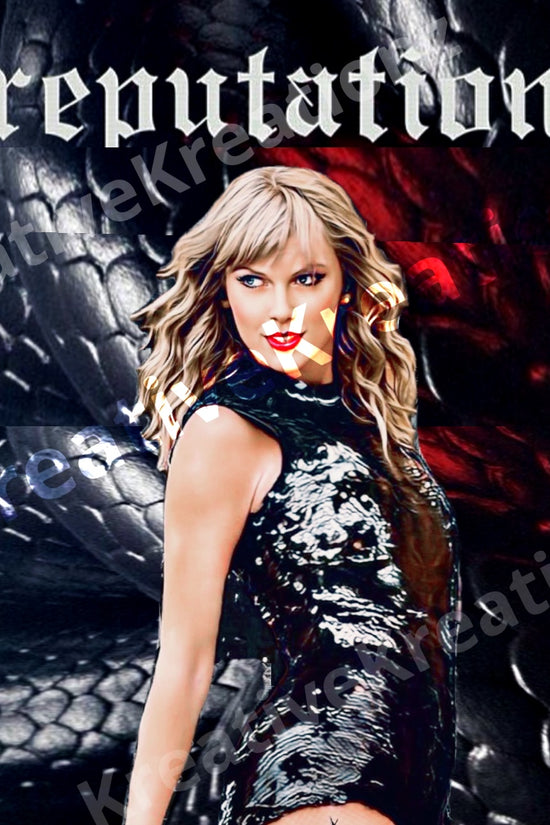 A woman with wavy blond hair is wearing a black, shiny dress and posing confidently in front of a dark, textured background that resembles snake scales. Displayed boldly above her in gothic-style font is the word "reputation," embodying the REP SVG | Template | Tumbler wrap aesthetic by Kreative Kreationz.