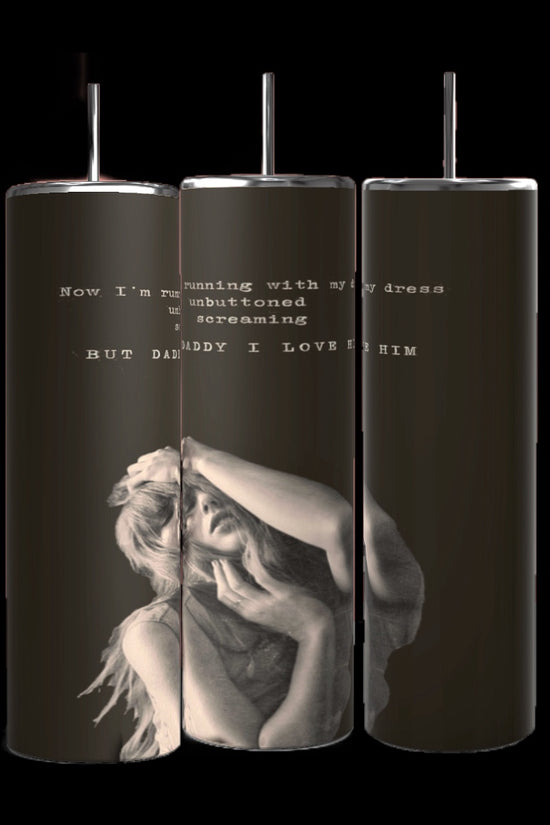 A black-and-white image of a woman with long hair posing with one hand on her head and the other crossing her body. Text above reads, "Now I'm running with my dress unbuttoned, screaming BUT DADDY I LOVE HIM." The image has a watermark that says "Kreative Kreationz." Perfect for TTPD Taylor Swift SVG, DTF transfer, PNG, tumbler wrap | Template designs by Kreative Kreationz.