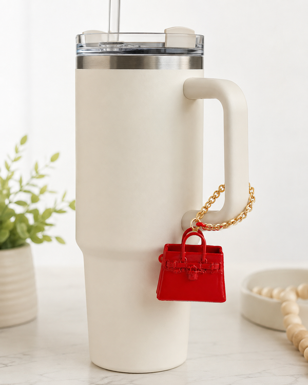 Red Mini Handbag Cup Charm – Gold Chain Tumbler Accessory