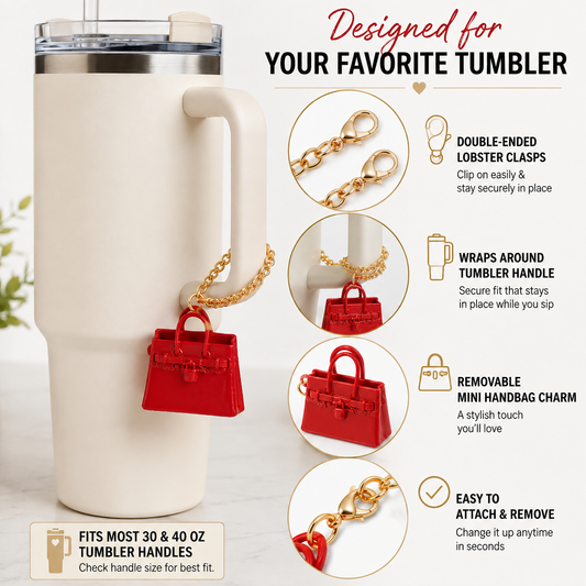 Red Mini Handbag Cup Charm – Gold Chain Tumbler Accessory