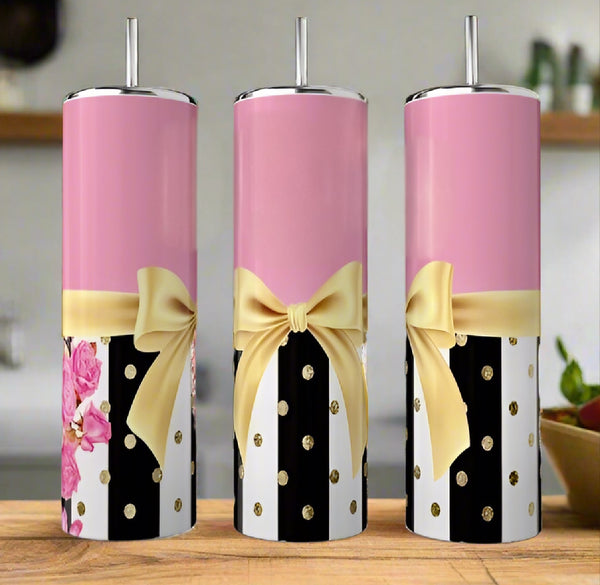 Floral Pink Skinny Stainless Steel Tumbler, 20 oz handmade custom gift by Kreative By Design
