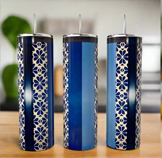 Blue Floral 20oz Skinny Stainless Steel Tumbler handmade custom gift by Kreative By Design