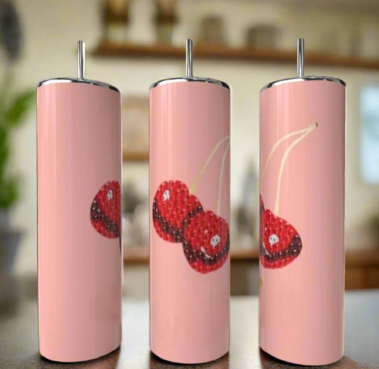 Pink Cherry 20oz Skinny Tumbler handmade custom gift by Kreative By Design