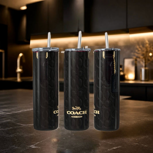 Black Luxury Designer-Inspired 20oz Skinny Tumbler | Monogram Style Travel Cup