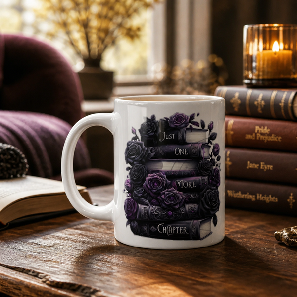 Just One More Chapter Mug | Gothic Book Lover Coffee Mug | Dark Floral Reader Gift