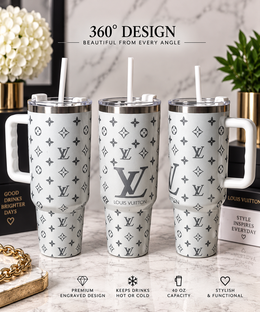 Engraved 40oz Tumbler | White Iridescent Monogram Cup