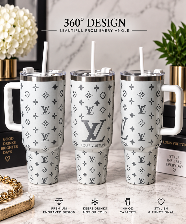 Engraved 40oz Tumbler | White Iridescent Monogram Cup
