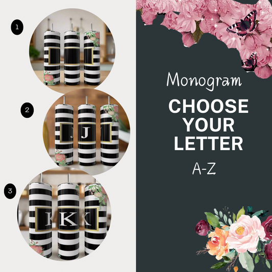 Three images of Kreative Kreationz Monogram Kate Spade Spring 20oz Skinny Tumblers with black and white stripes, floral accents, and gold-bordered monogram letters A-Z. Text: "Monogram CHOOSE YOUR LETTER," ideal for tumbler fans.