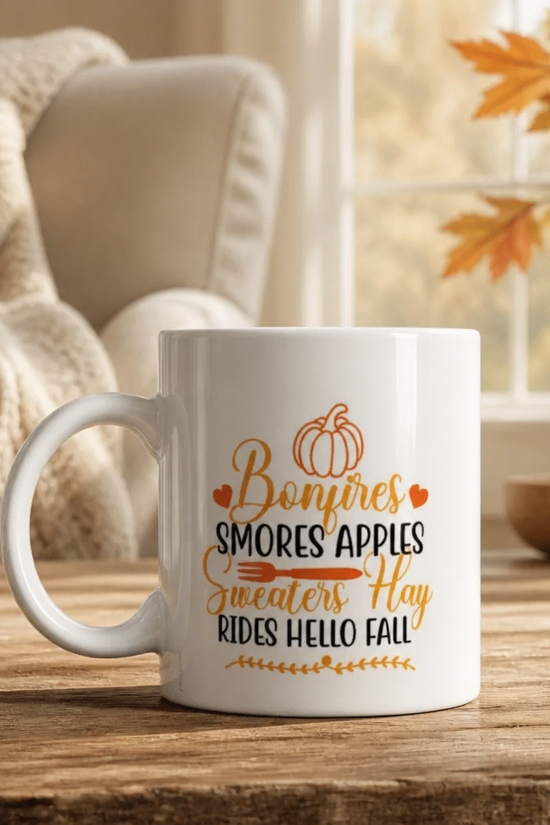 Hello Fall Mug | Bonfires S’mores & Sweater Weather Coffee Mug