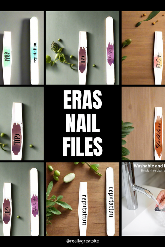 A collage features nine Kreative Kreationz "Eras | 180 GRIT Stainless Steel Emery Board" nail files, each uniquely labeled and colored. One image shows two washable, reusable files under running water, with greenery as decor in some shots.