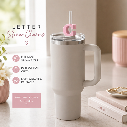 Pink personalized letter C straw charm attached to a reusable straw on a white handled tumbler.