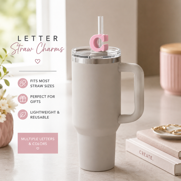 Pink personalized letter C straw charm attached to a reusable straw on a white handled tumbler.