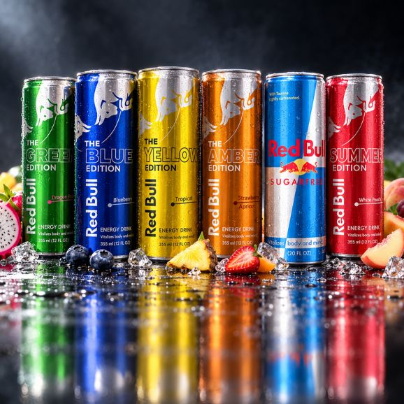 Six metallic tumblers, in different colors lined up on a glossy reflective surface with ice, fruit, and water droplets. The tumblers are green, blue, yellow, amber, blue, and red.