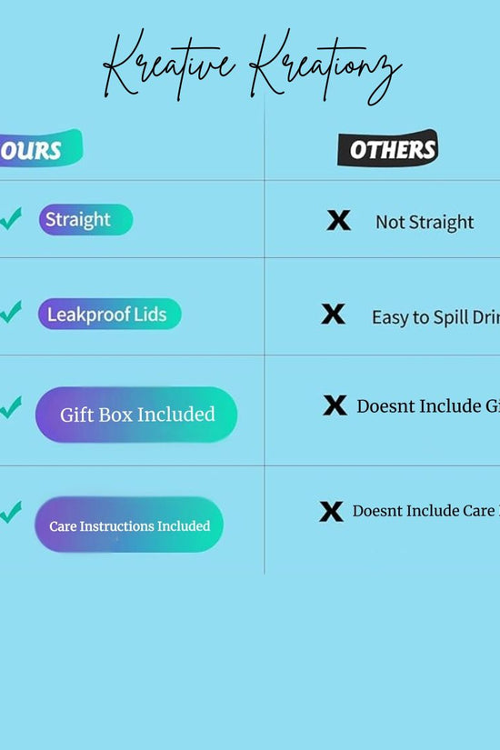 A chart titled "Kreative Kreationz" against a blue background compares their Louis Vuitton Purse Black & Gold Designed 20oz Stainless Steel Tumbler with luxury-inspired design and straight, leakproof lids, gift box, and care instructions included to others that lack these features. Ideal for style enthusiasts.