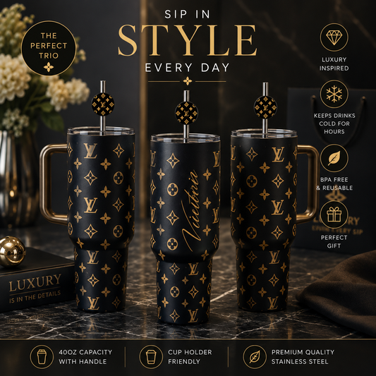 40oz Gold & Black Laser Engraved Tumbler Set - Luxe