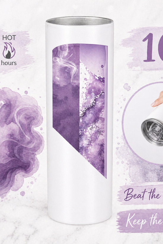Purple and white insulated tumbler with temperature display and promotional text on a light purple background.