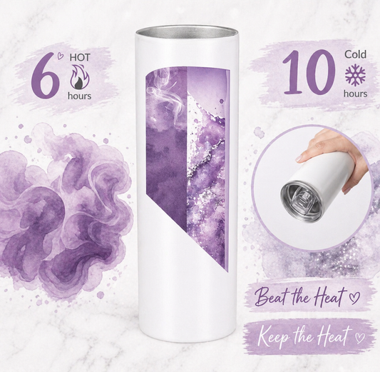 Purple and white insulated tumbler with temperature display and promotional text on a light purple background.