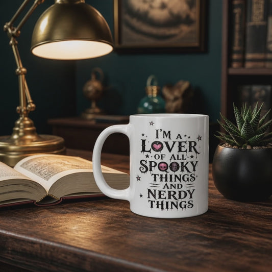 Spooky & Nerdy Things Mug | Pink Gothic Halloween Coffee Mug | 11oz