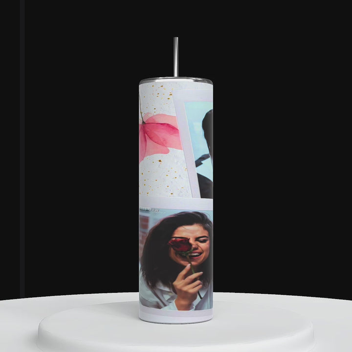 tall tumbler showing 360 degree angle with selena gomes